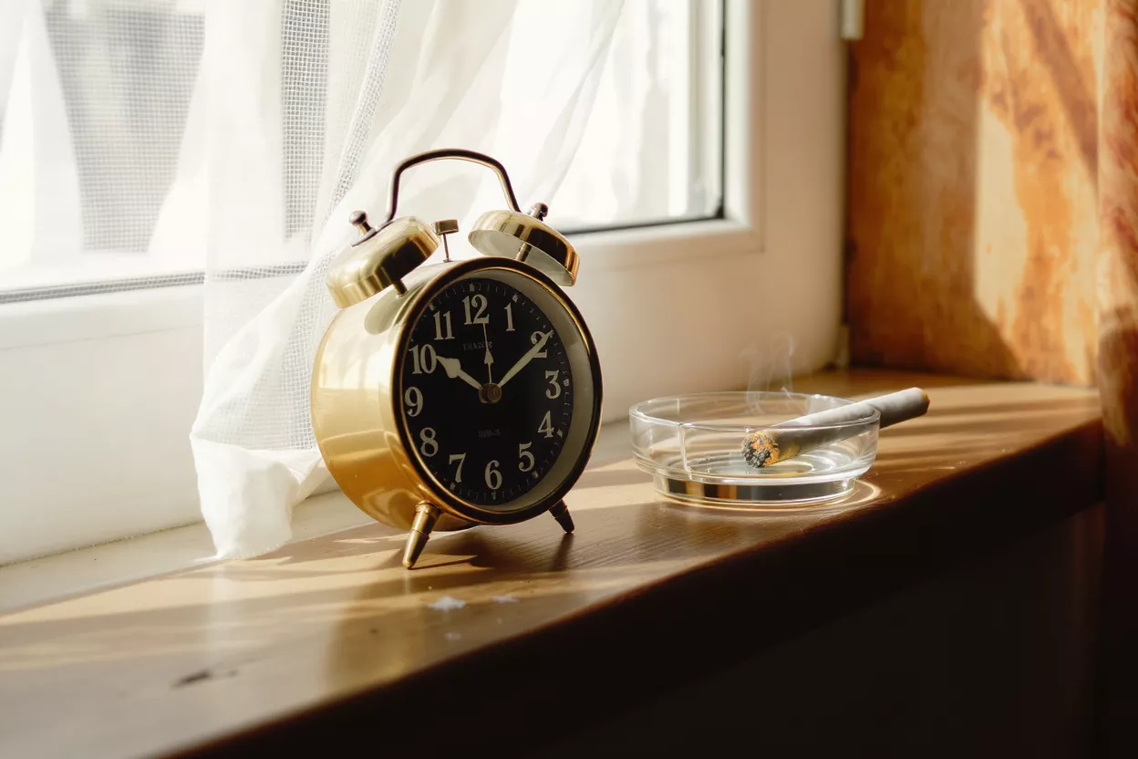 A golden alarm clock beside an ashtray with a cigarette