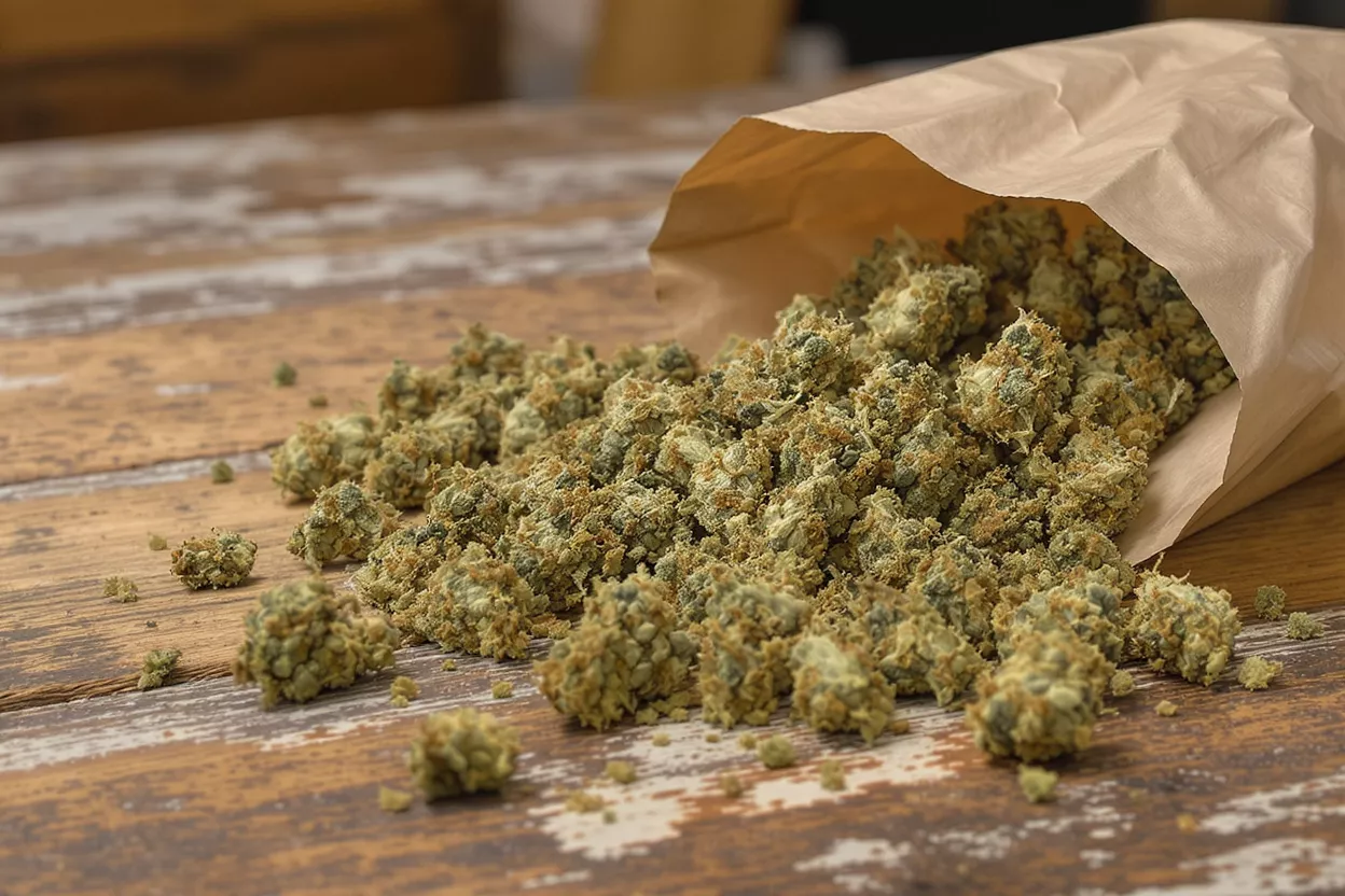 Dried cannabis buds spilling from a brown paper bag onto a wooden table.