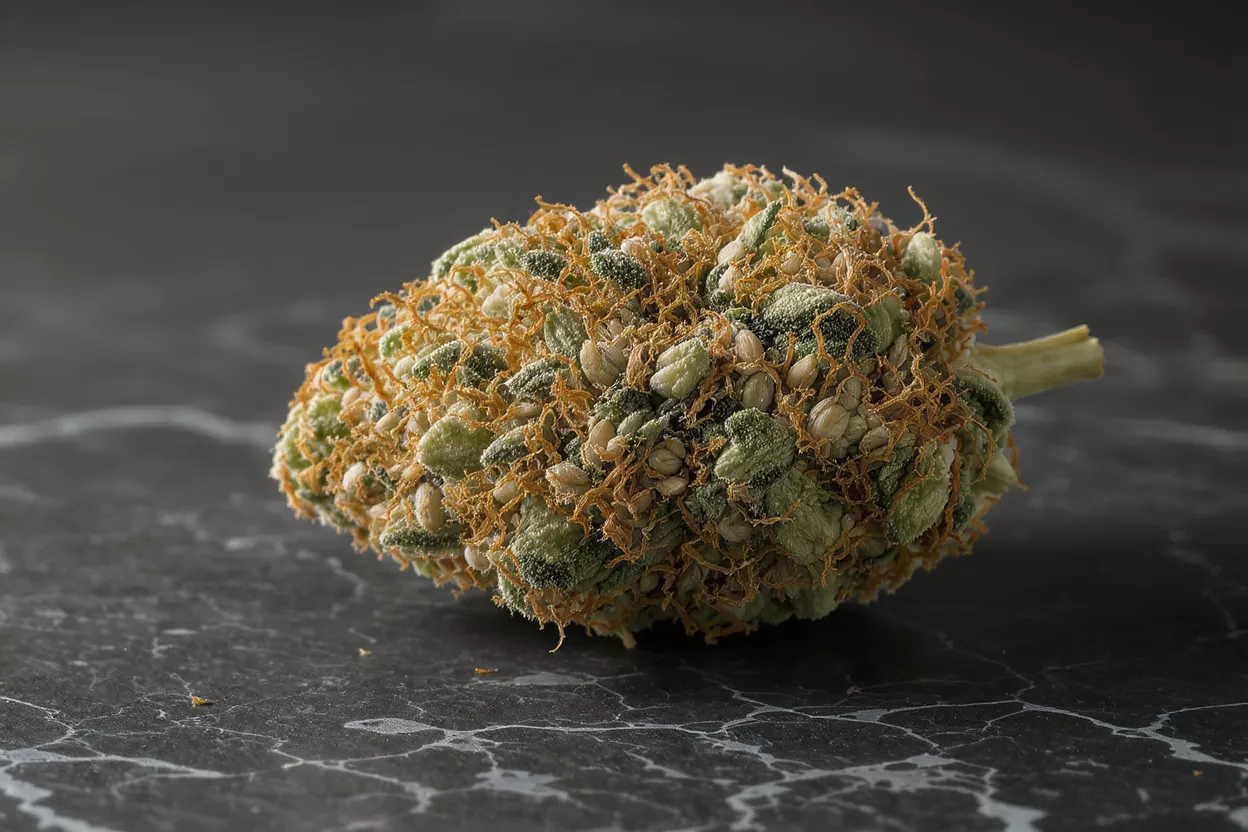 Close-up of cannabis flower bud with visible seeds, trichomes, and orange hairs.