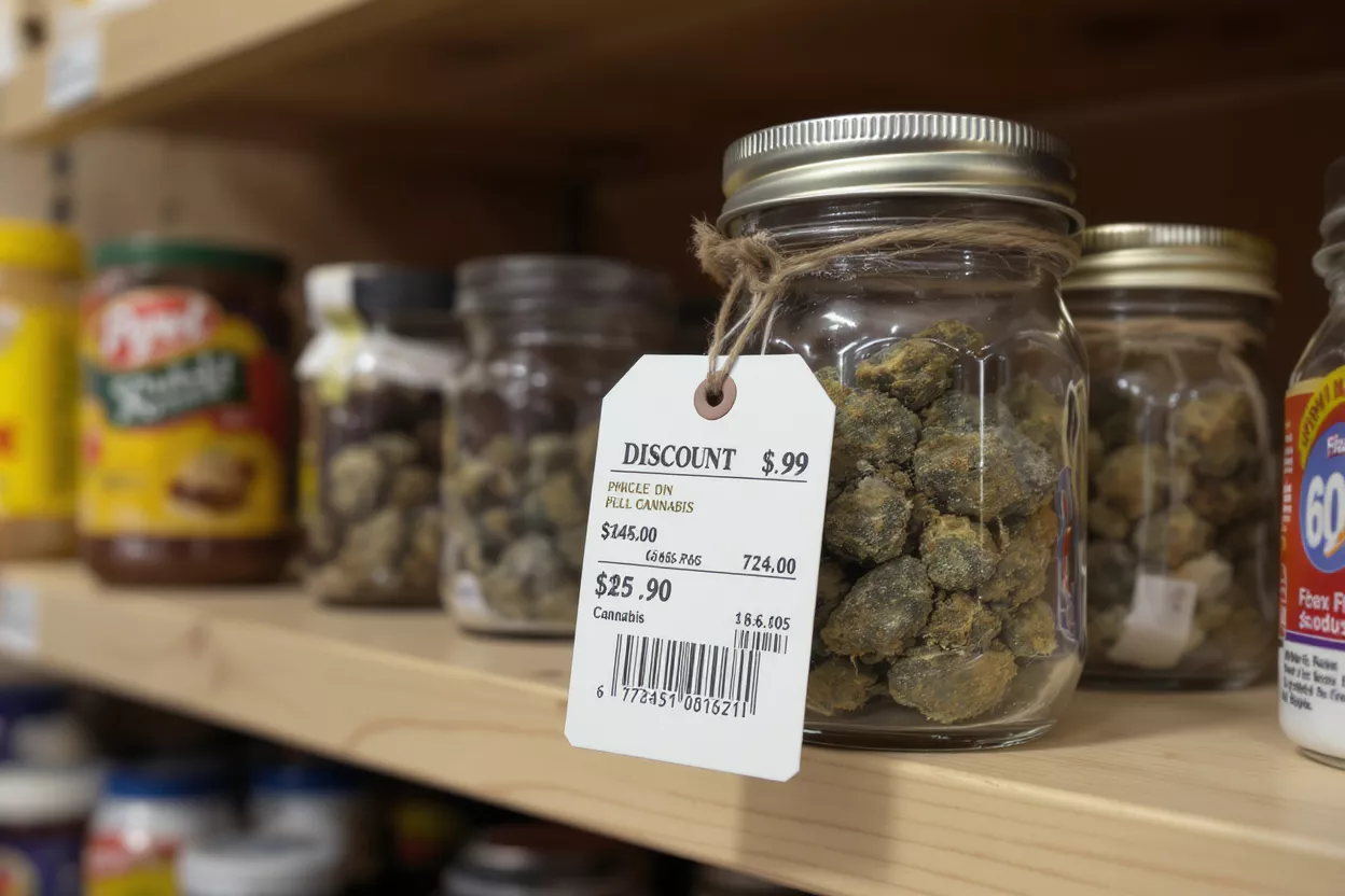 Glass jars of cannabis buds with a discount tag on a wooden shelf.