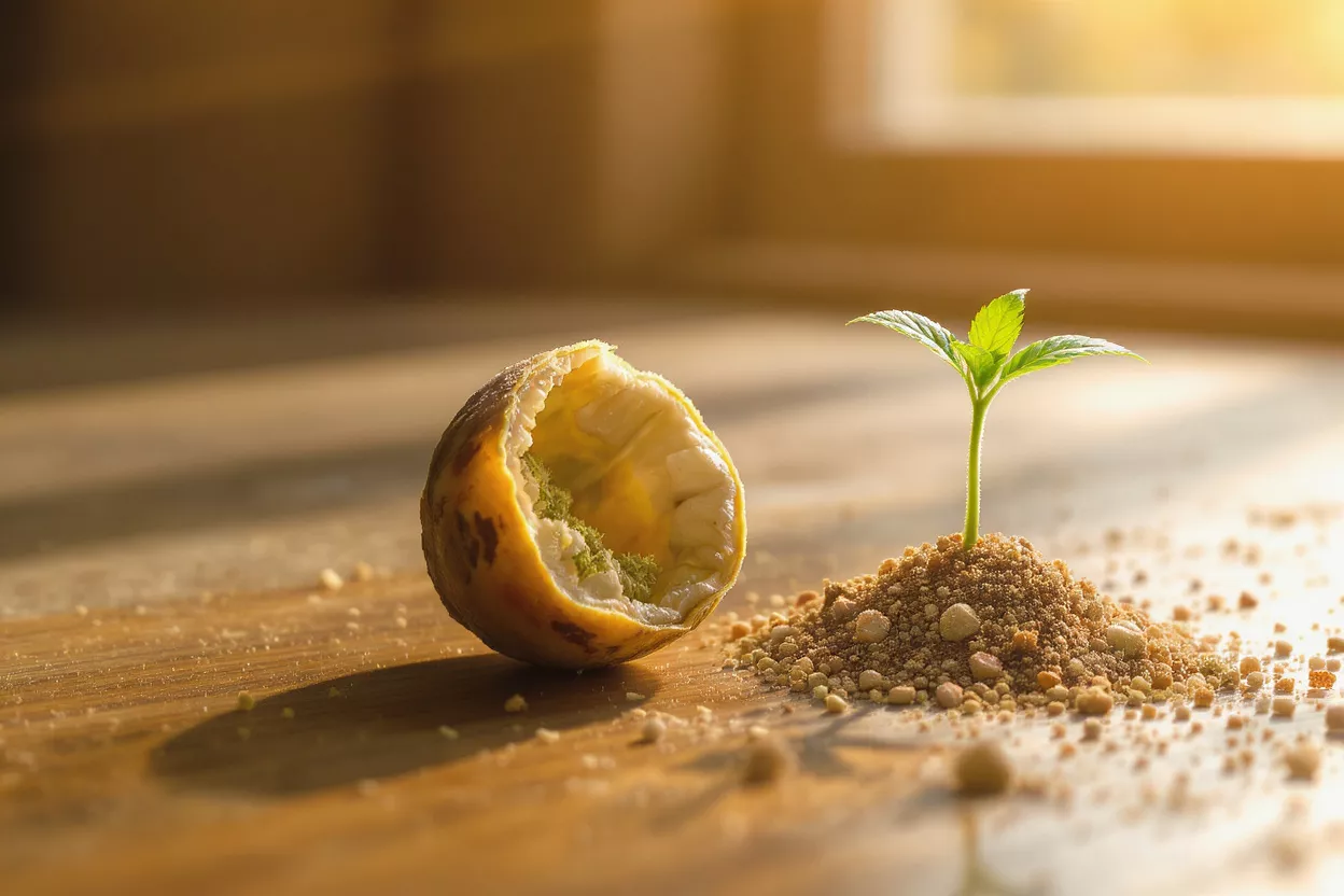 A seedling emerging from a broken shell on wood