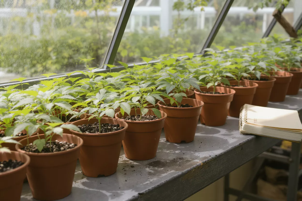 Rows of small plants in pots on a table