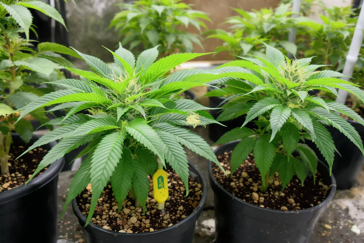 Healthy cannabis plants in black pots