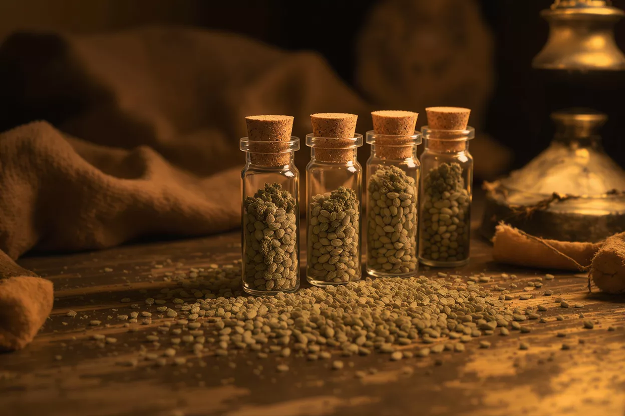 Four glass bottles containing various seeds on a wooden table