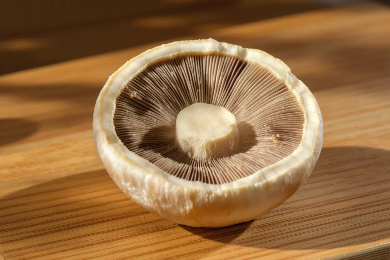 The Intricate Underside of a Mushroom A close-up of a mushroom cap's underside showing its brown gills and stem.
