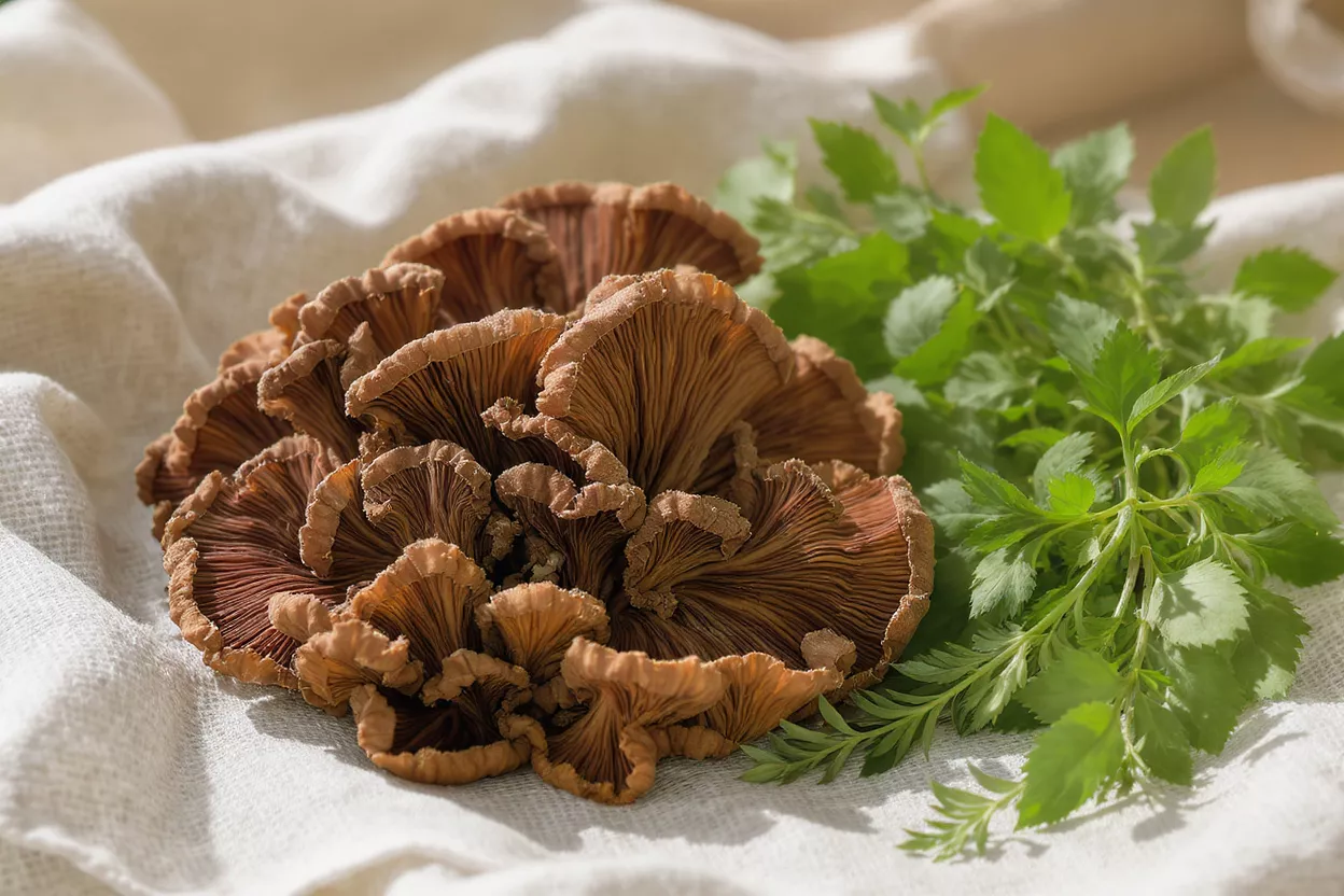 Fresh Splitgill Mushrooms and Green Herbs A cluster of brown splitgill mushrooms and fresh green herbs on a white cloth.