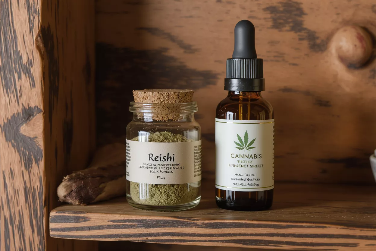 Reishi Powder and Cannabis Tincture A jar of Reishi mushroom powder next to a cannabis tincture dropper bottle.