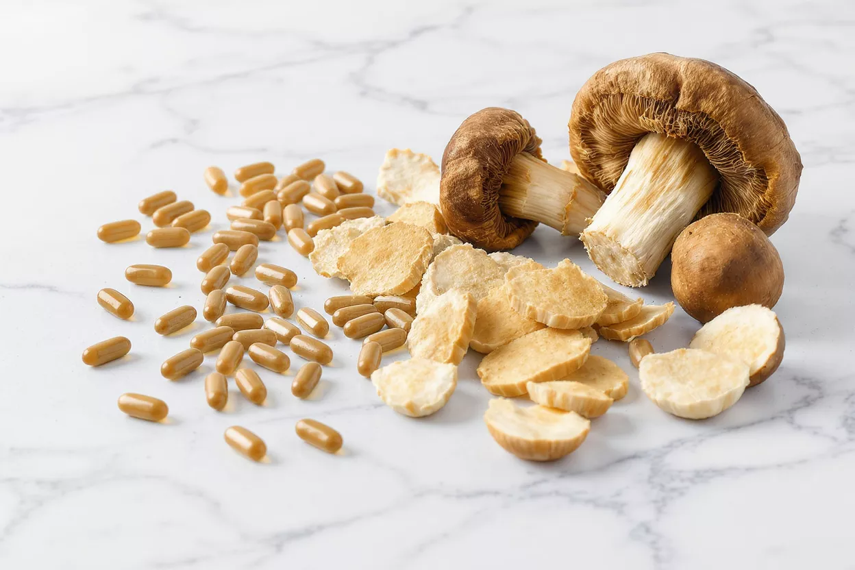 Natural Shiitake Mushroom Supplement Capsules Shiitake mushroom capsules, dried slices, and whole mushrooms on a white marble surface.