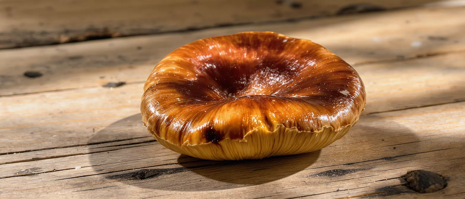A shiny, brown mushroom with a concave cap sits on a rustic wooden table.
