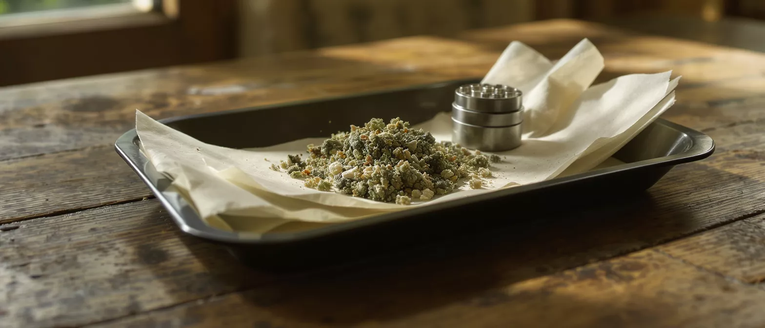 Ground herbs and a metal grinder on parchment paper in a metal tray.