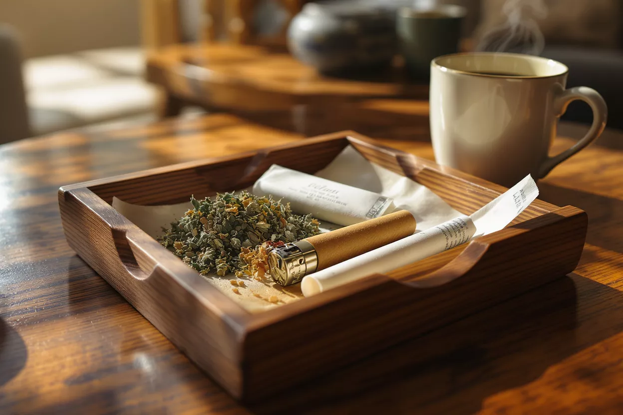 A wooden tray holding a herbal blend, lighter, and cigarettes next to coffee.