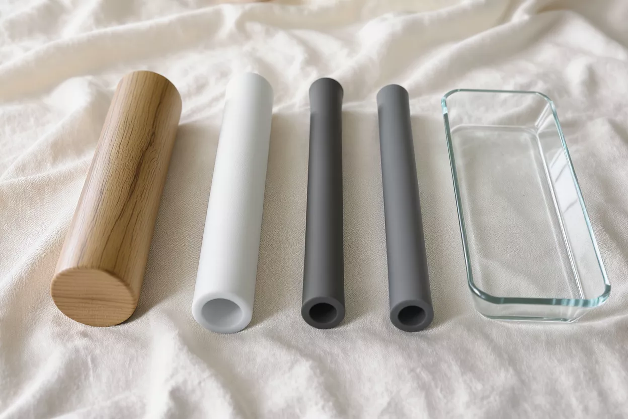 A wood cylinder, white and gray tubes, and a glass dish on fabric.