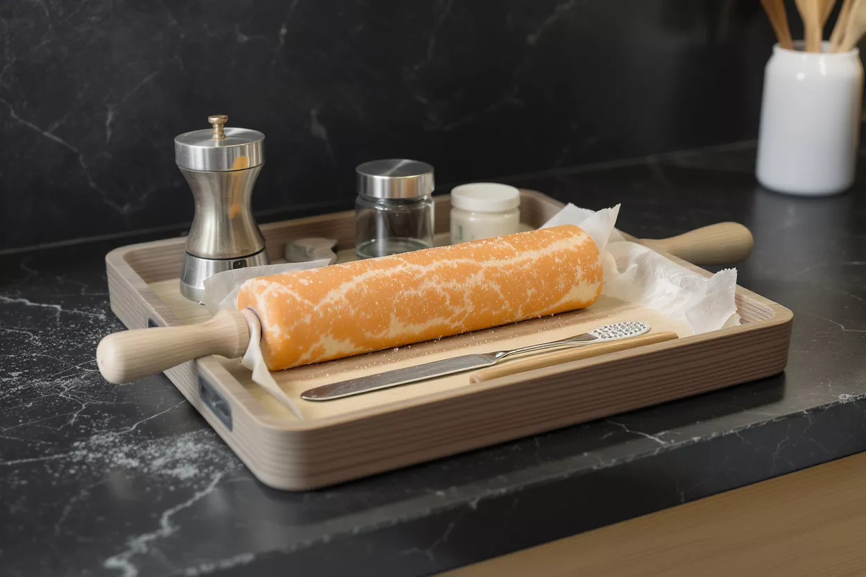 A log of orange and white patterned butter on a wooden serving tray.
