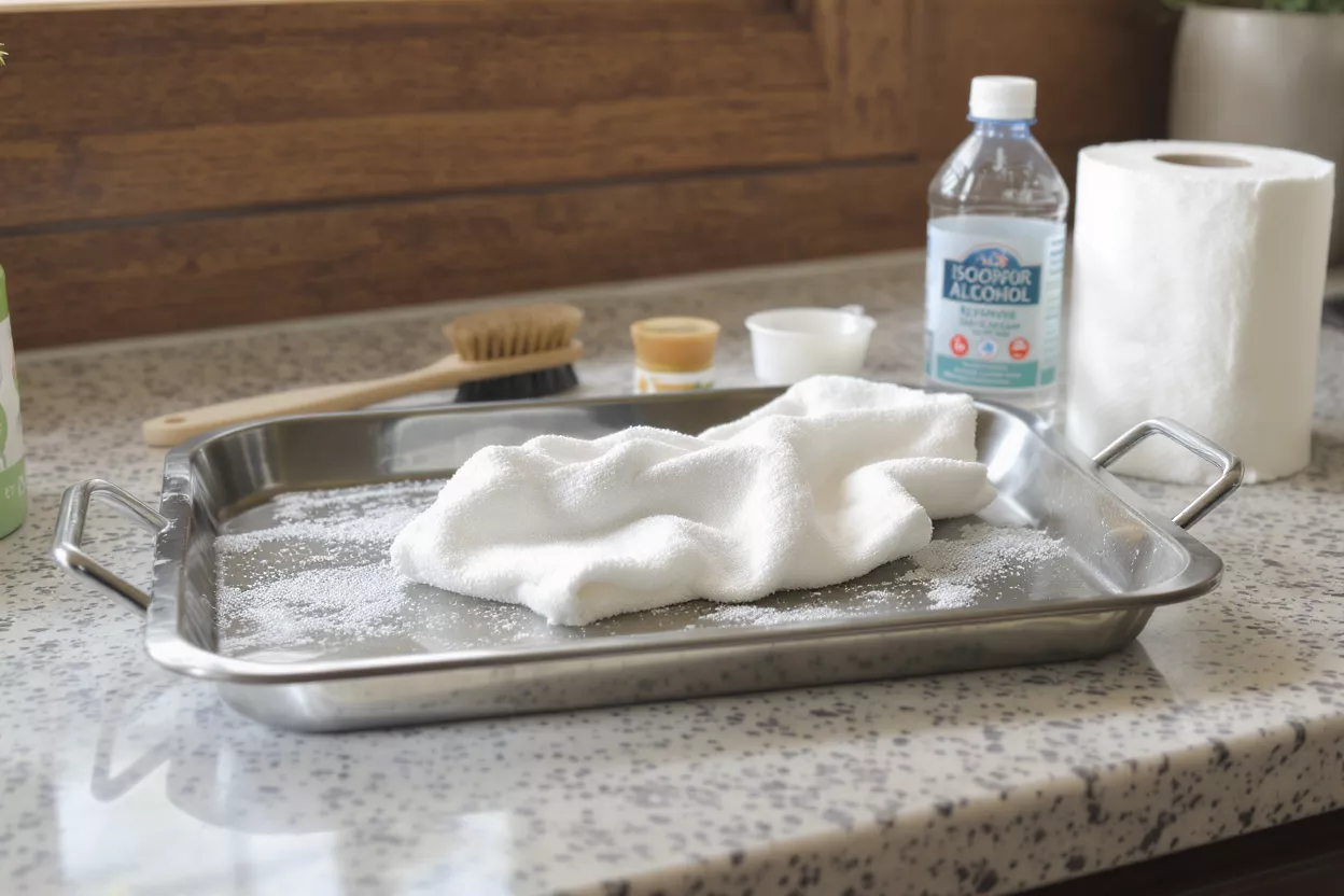 Cleaning supplies on a counter with a tray, powder, cloth, and alcohol.
