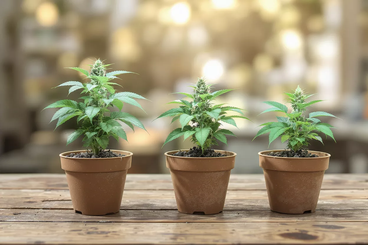 Three cannabis plants in brown pots on a wooden table