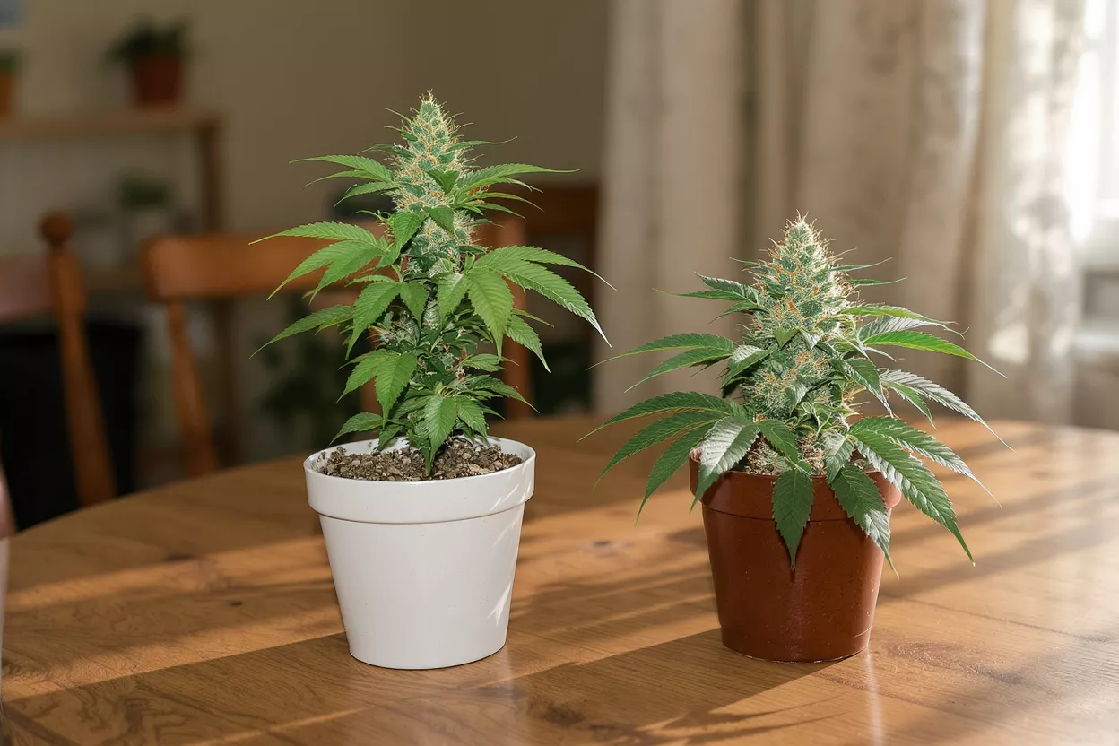 Two Potted Cannabis Plants Two vibrant cannabis plants in pots on a wooden table, bathed in sunlight.