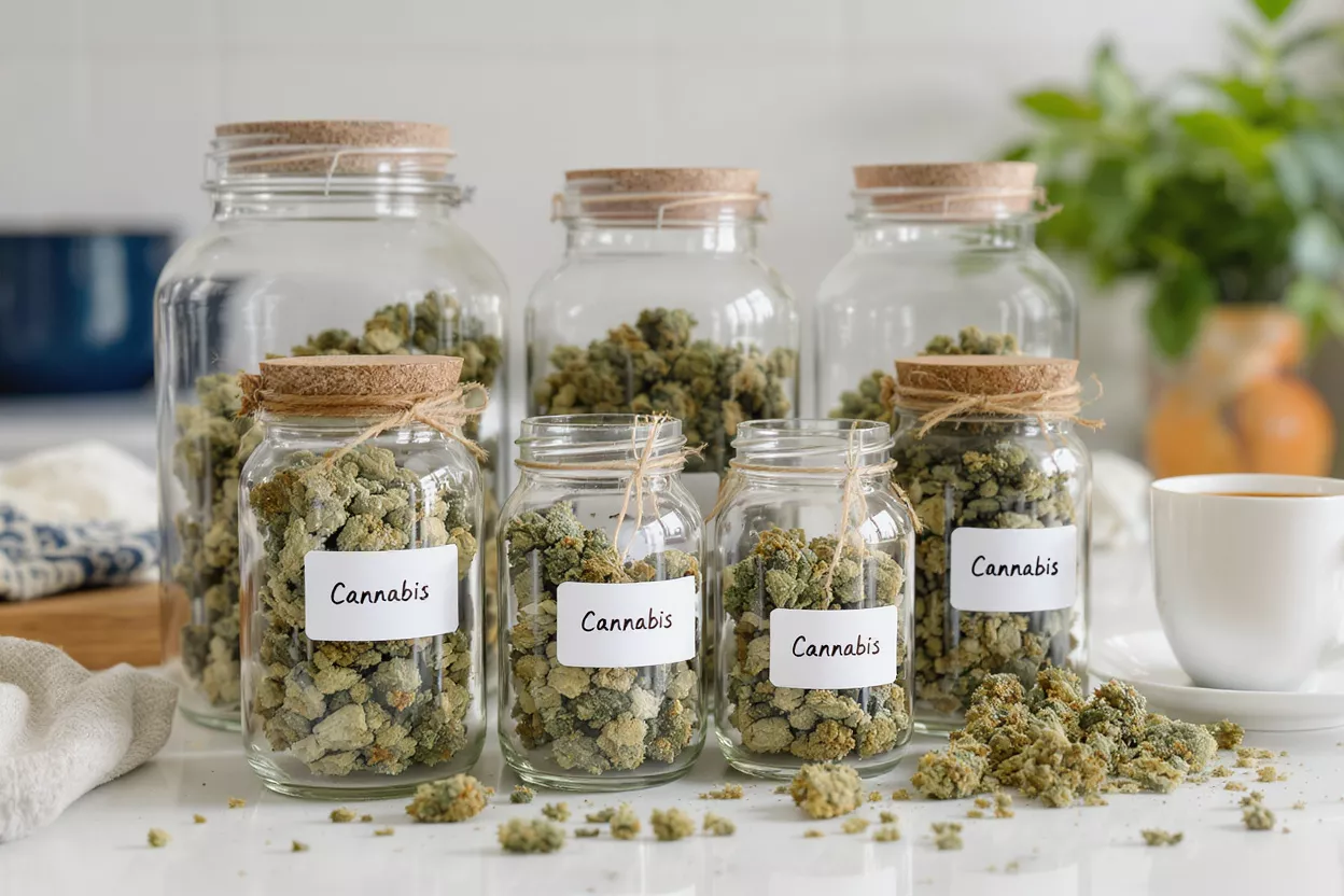 Cannabis Jars for Storage Several glass jars filled with cannabis buds, labeled "Cannabis", on a white surface.
