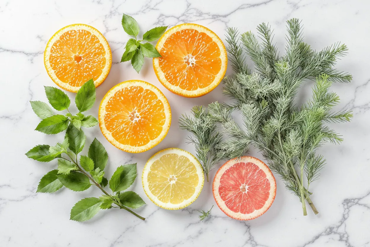 Fresh Citrus and Herbs Halved oranges, lemon, grapefruit, and green herbs on a white marble surface.