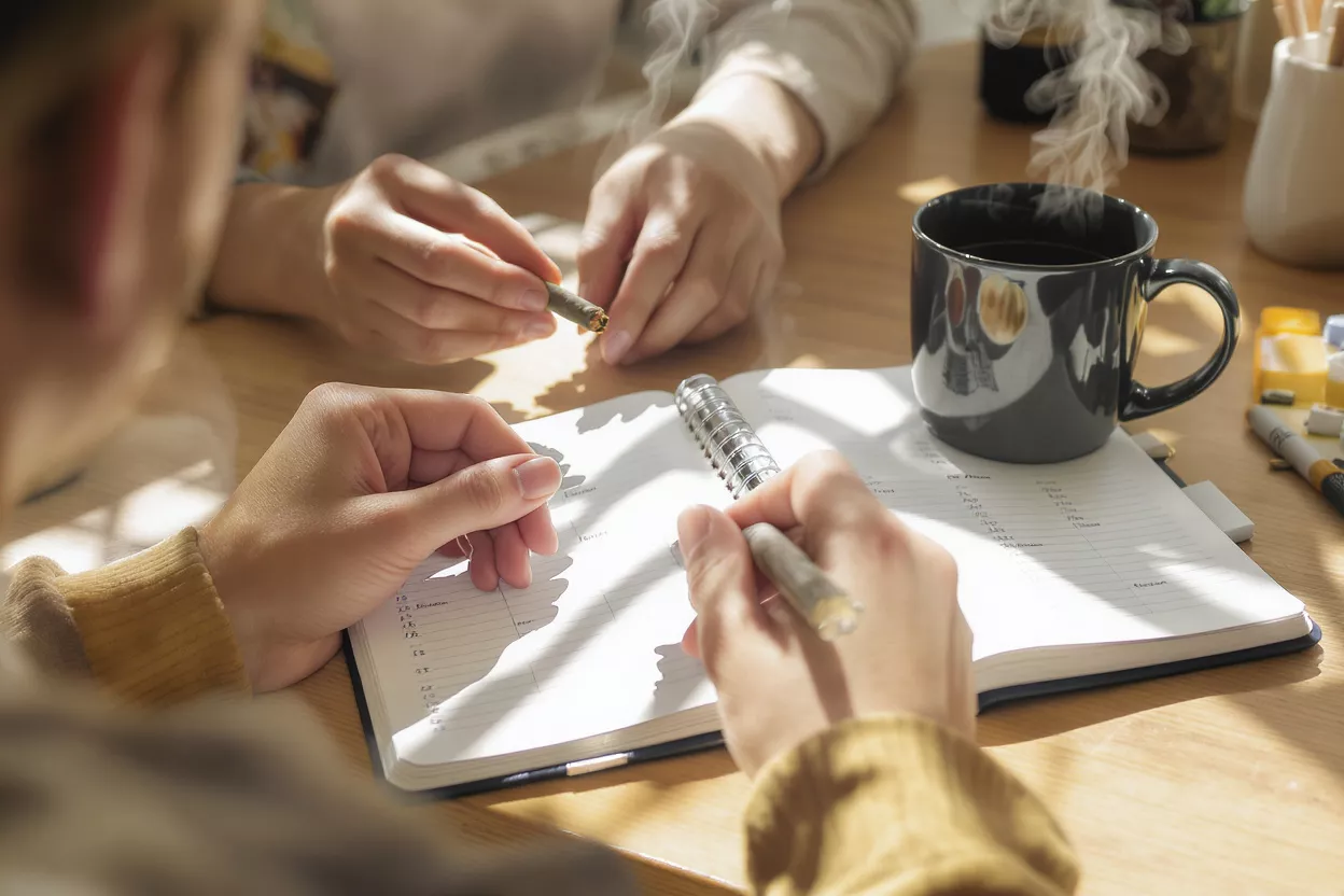 Collaborative Work with Coffee and Cannabis Two people writing in a notebook, one holding a lit joint, with a steaming coffee mug.