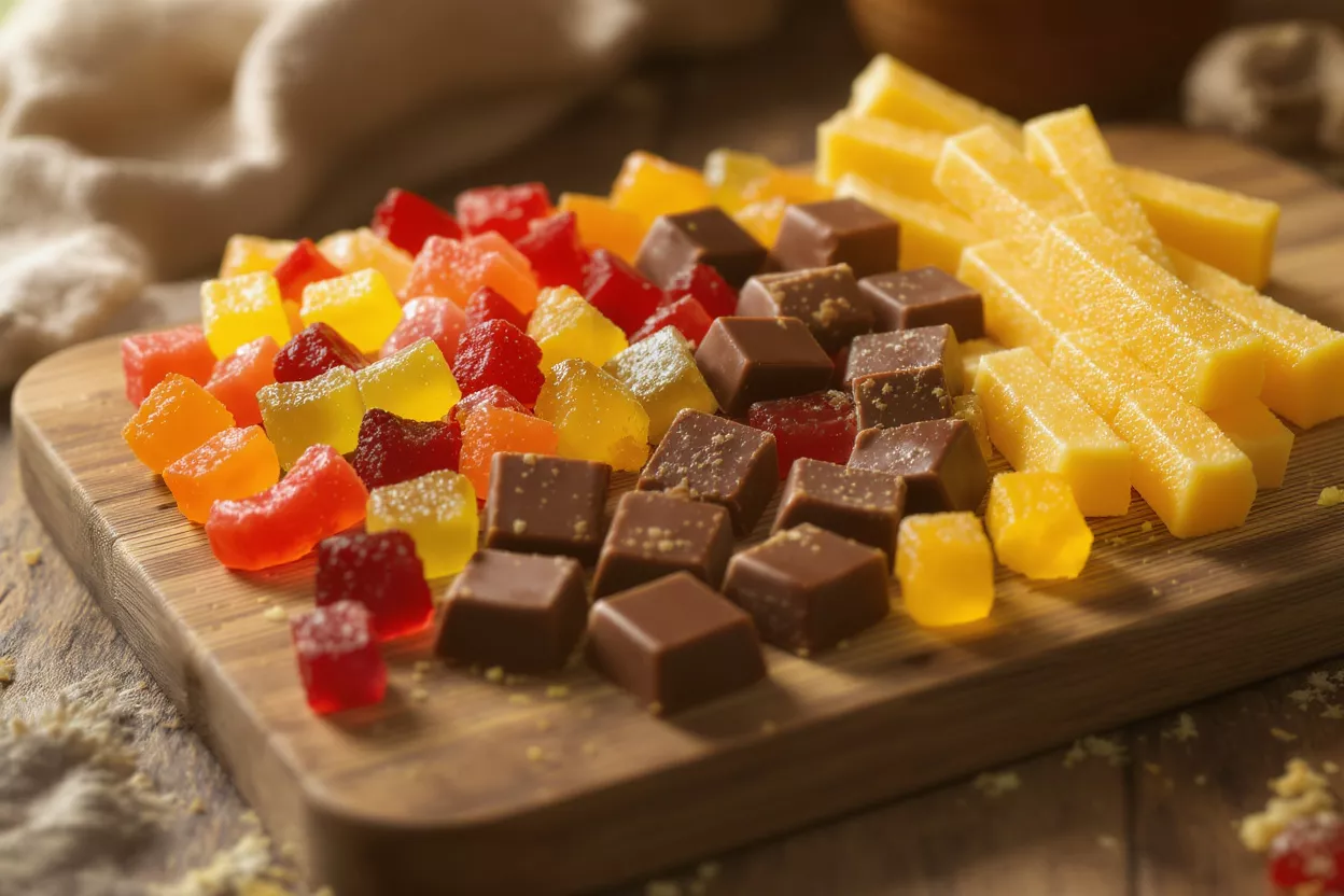 Assortiment de Bonbons et Chocolats Gourmands Gelées de fruits colorées, carrés de chocolat et bâtonnets de bonbons jaunes sur une planche en bois.