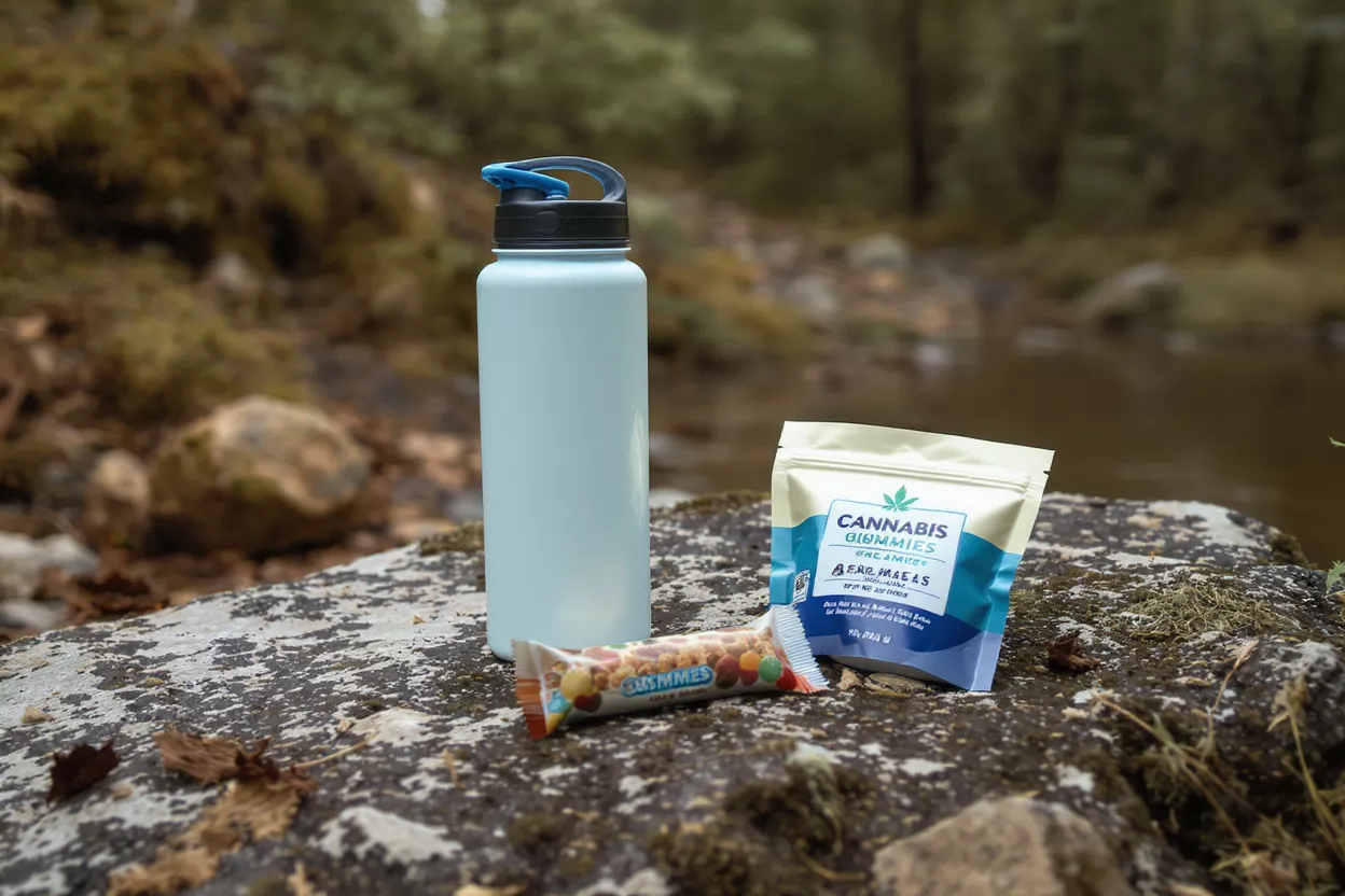 Bonbons au cannabis et bouteille d'eau dans la nature Bouteille d'eau bleu clair, bonbons au cannabis et barre collation sur rocher moussu près d'une rivière.