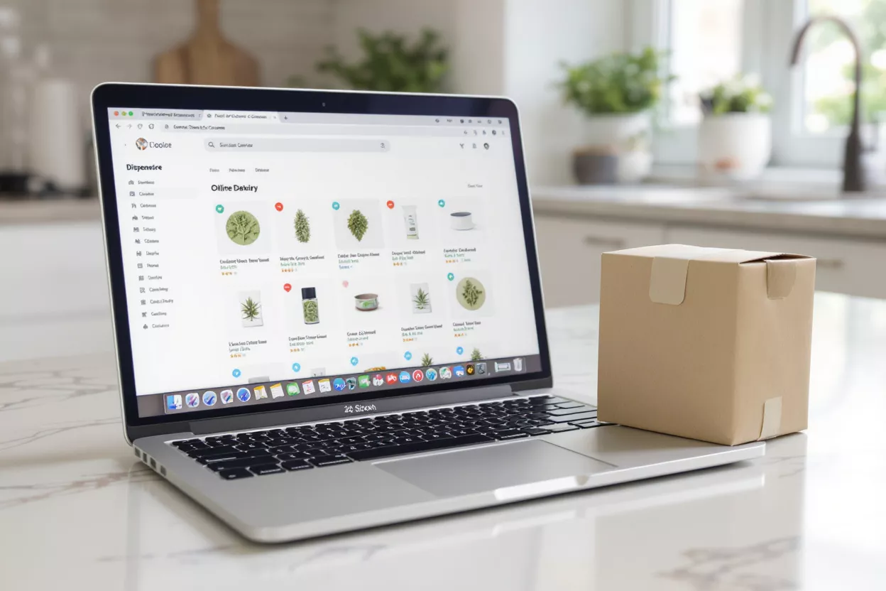 Livraison de cannabis en ligne Ordinateur portable affichant des produits du cannabis pour une livraison en ligne à côté d'une petite boîte en carton.