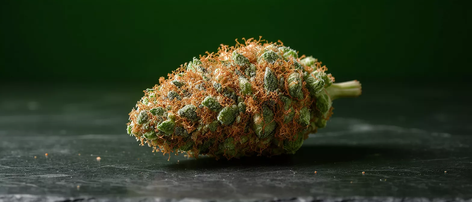 Close-up of a cannabis bud with vibrant orange hairs and green leaves.