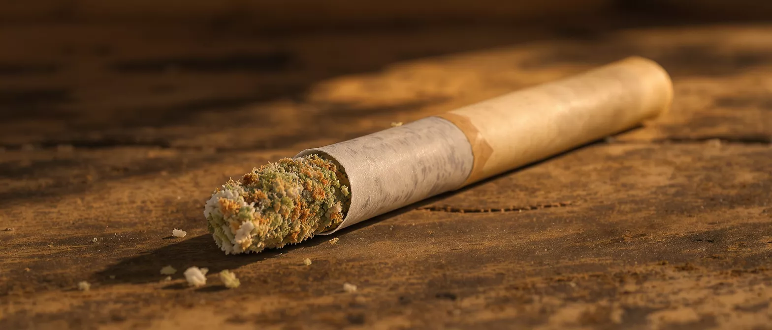 Kief Infused Pre-Roll Close-up of a kief-infused pre-roll on a wooden surface, showing rich texture.