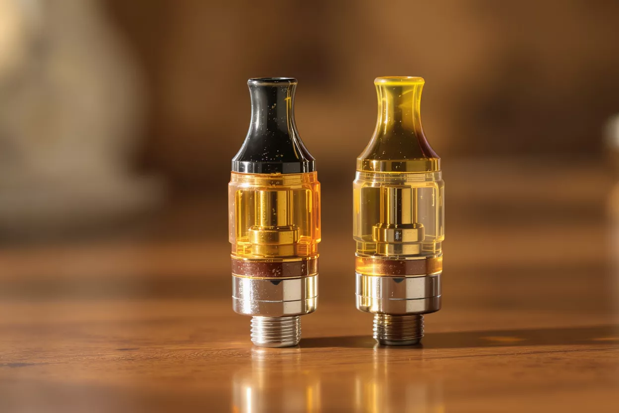 Two vape cartridges with amber liquid and metallic bases on a wooden table.