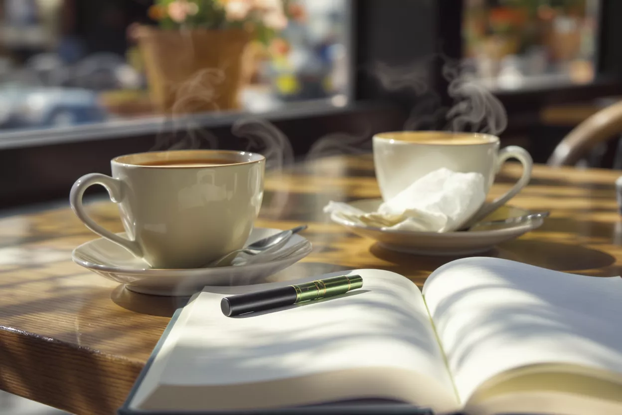 Two steaming cups of coffee, open notebook, and pen on a wooden cafe table.