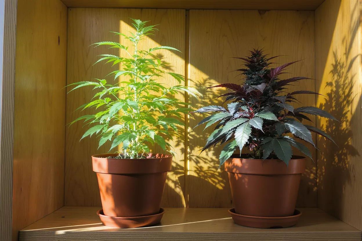 Two Potted Cannabis Plants Two potted cannabis plants, one green and one purple, on a wooden shelf.