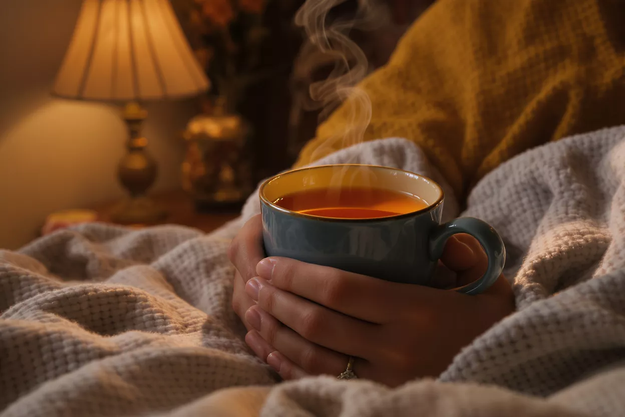 Cozy Steaming Tea Hands holding a steaming mug of tea, nestled in a warm blanket.