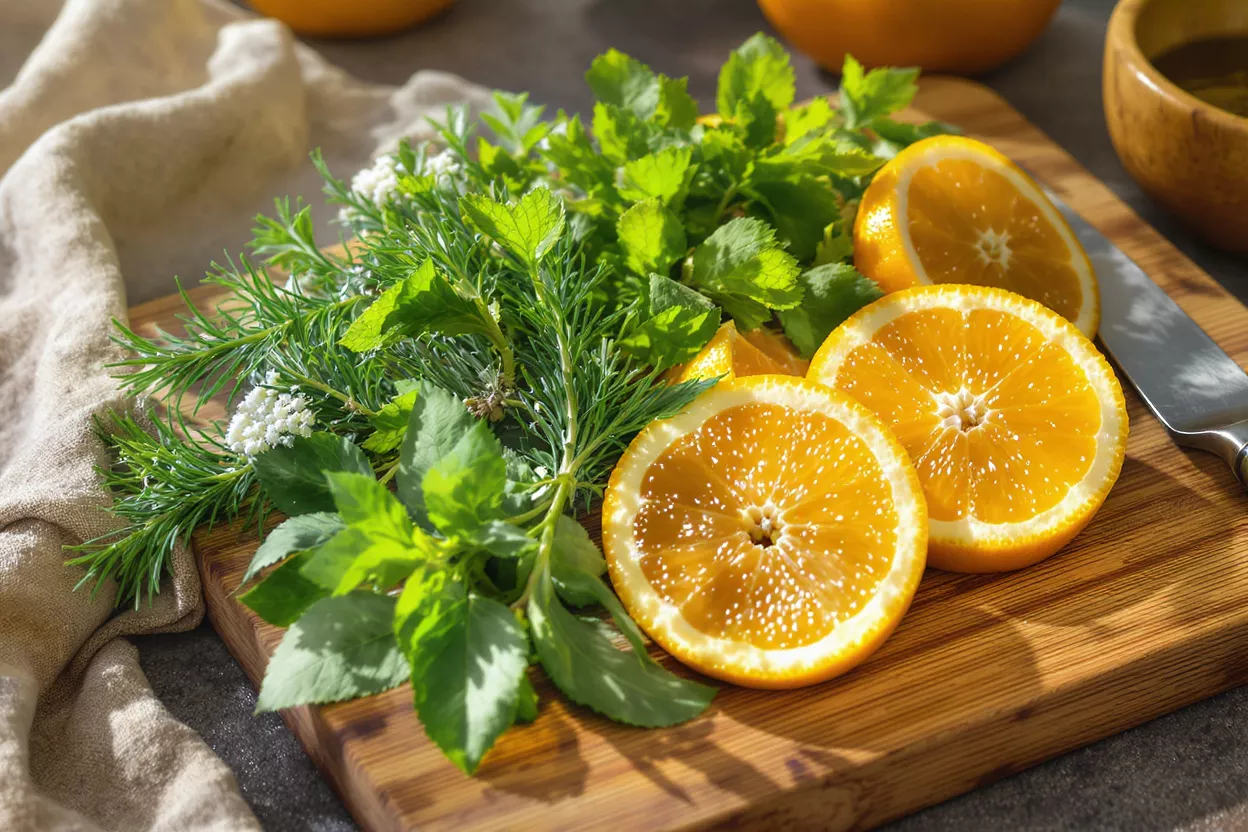Fresh Oranges and Herbs Bright orange slices, fresh green herbs, and a knife on a wooden cutting board.