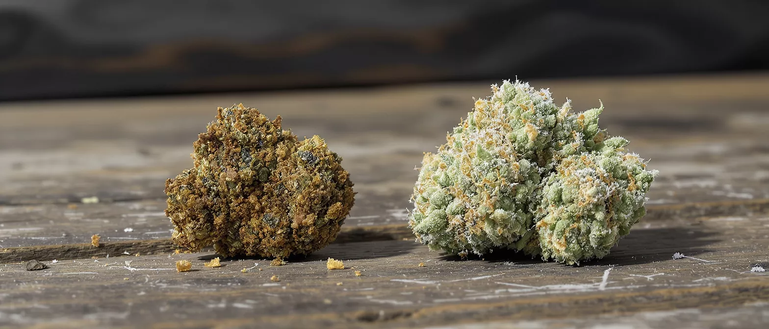 Two cannabis buds side by side on a wooden surface