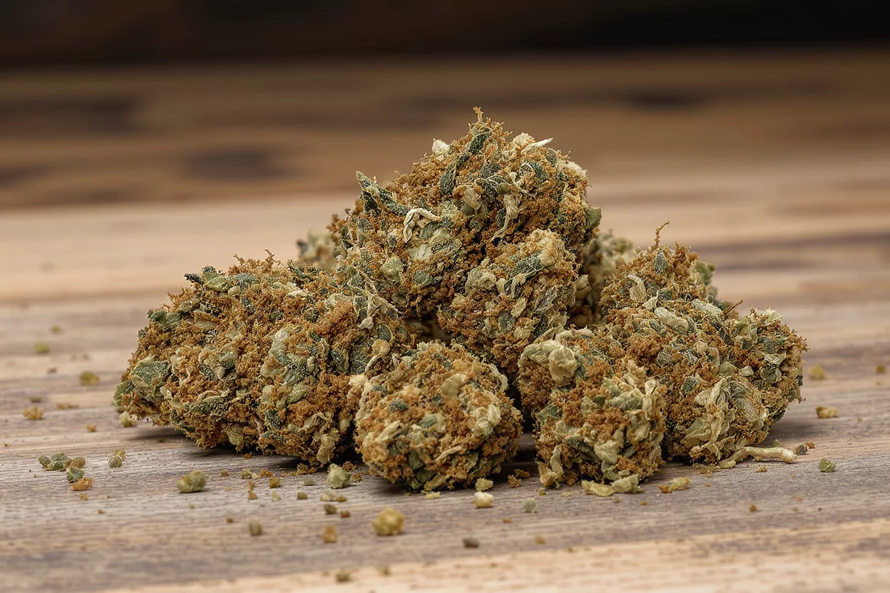 Close-up of cannabis buds on a wooden surface
