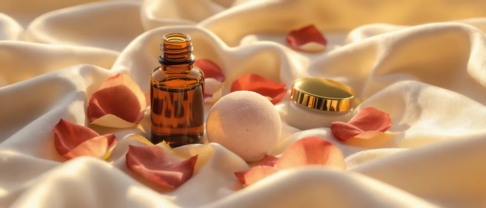 Amber bottle, bath bomb, cream, and rose petals on silk fabric.