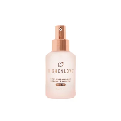 HighOnLove luxurious 100ml pink CBD-infused water-based intimate lubricant with rose gold pump.