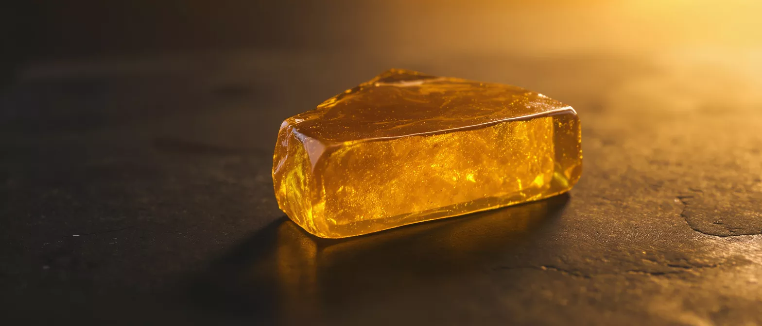 A piece of amber gemstone glistening on a dark surface