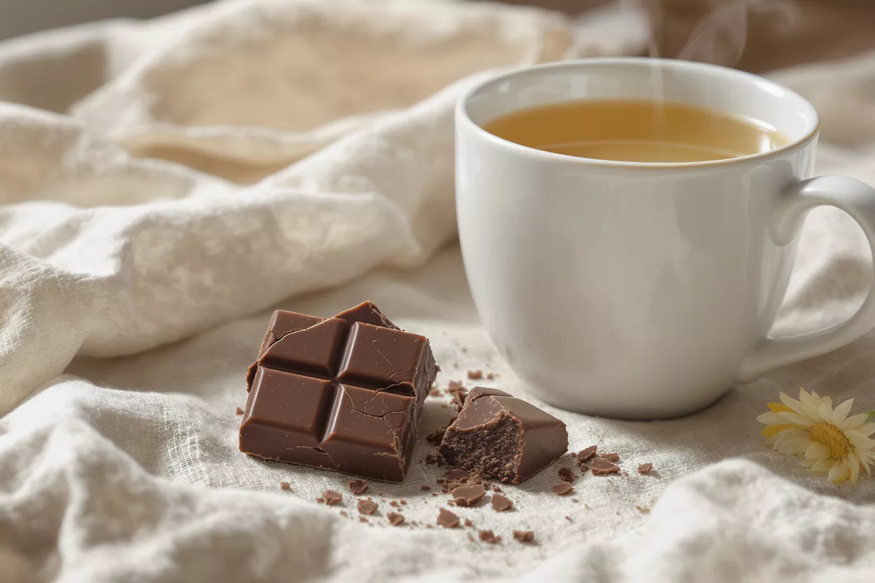 Chocolate and Tea Comfort A cup of tea next to chocolate on a cloth