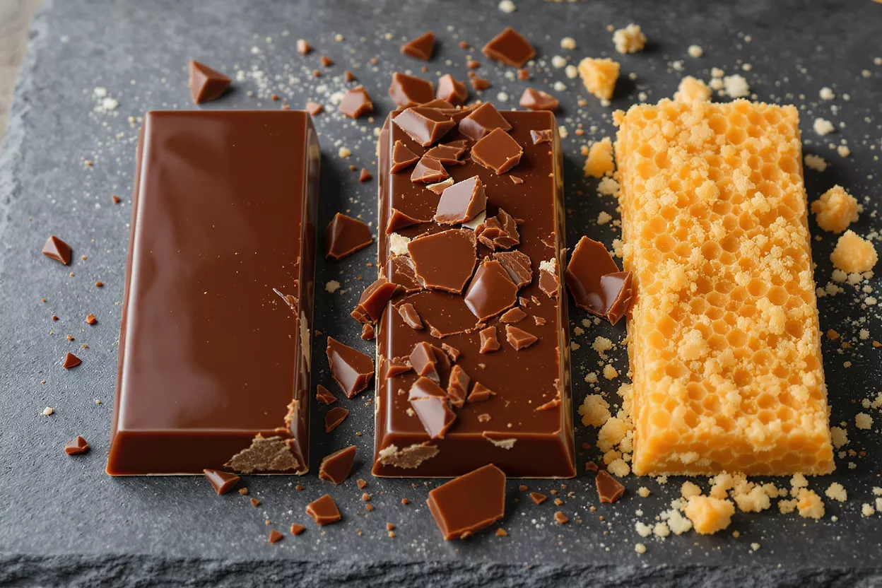 Chocolate Bars and Honeycomb Three chocolate bars and honeycomb on a slate surface