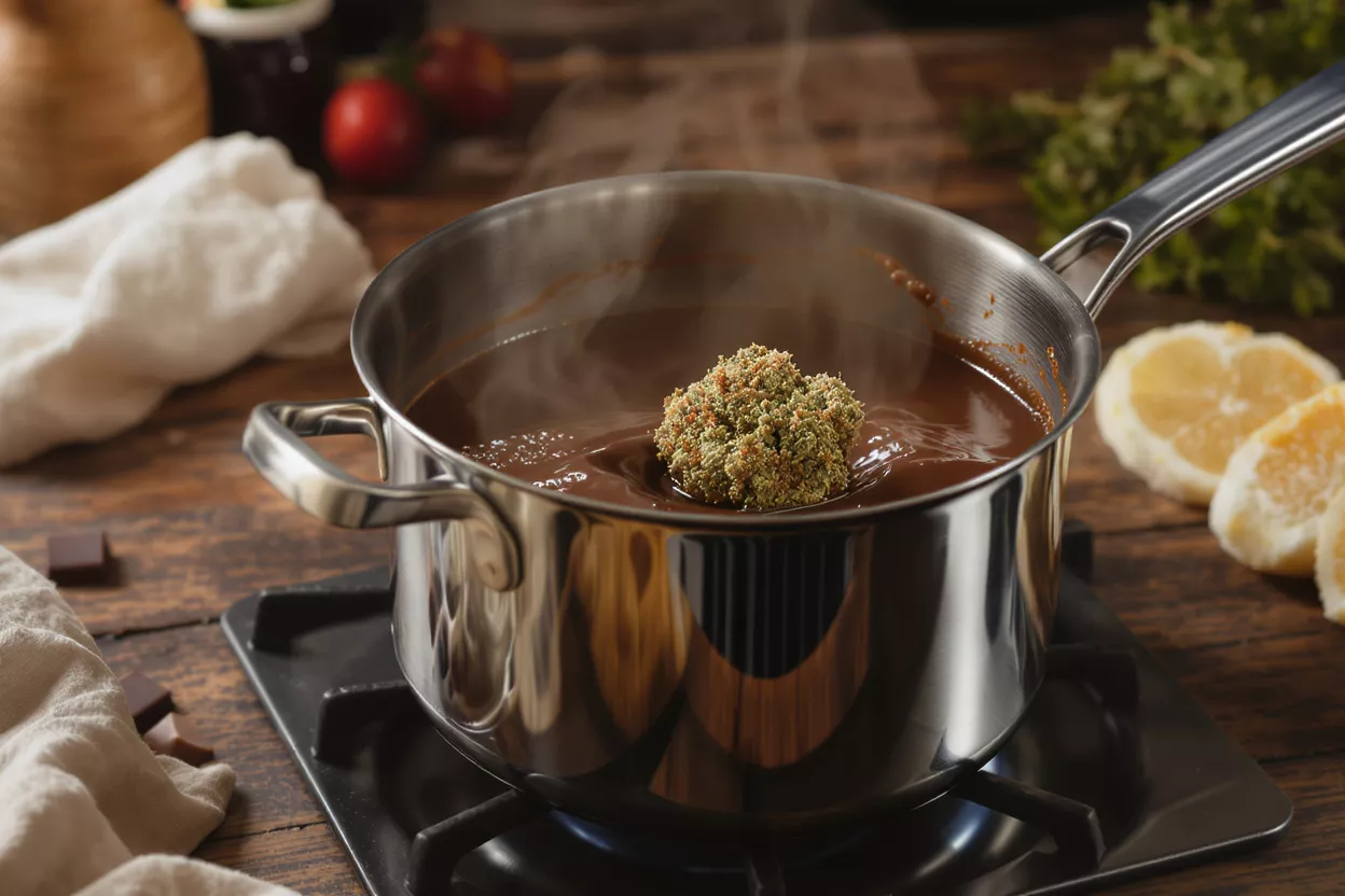 Chocolate Infused Cooking Pot of chocolate with cannabis on top