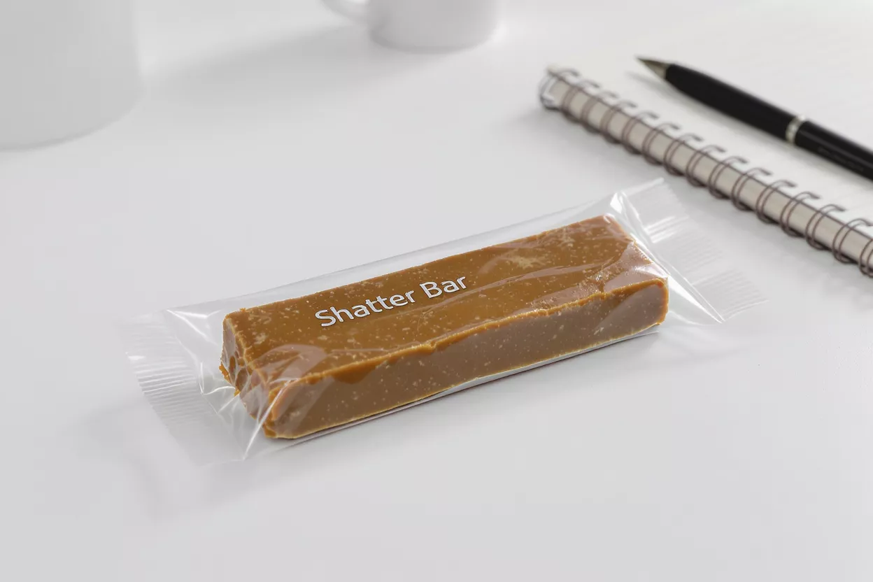 Shatter Bar Candy Wrapped Shatter Bar candy on a white surface