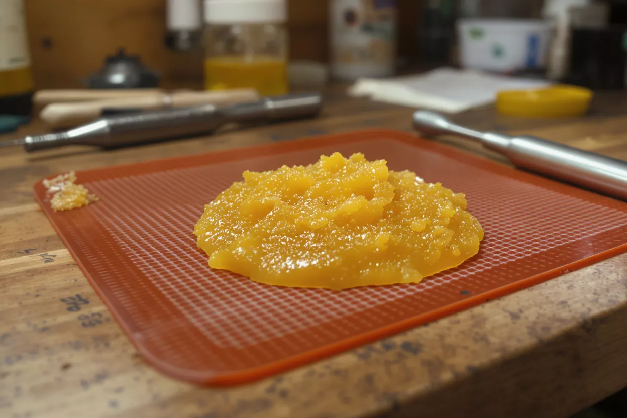 Close-up of yellow gummy substance on a silicone mat