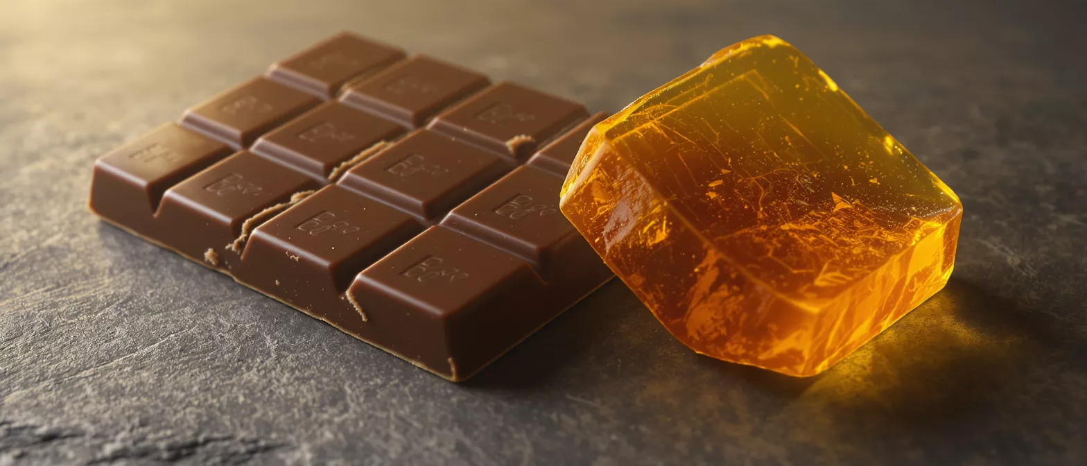 A dark chocolate bar next to a glowing amber resin block on a stone surface.