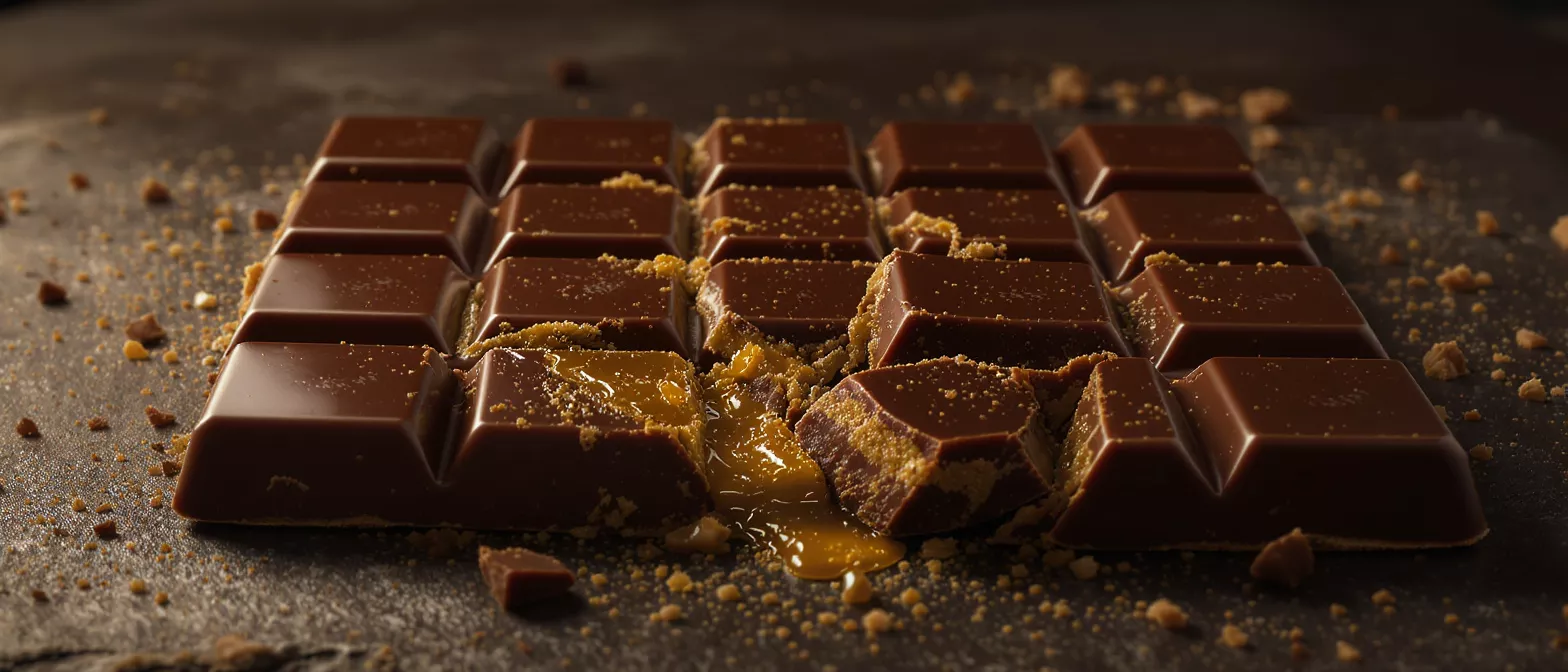 Close-up of a chocolate bar with gooey caramel filling and cookie crumbs.