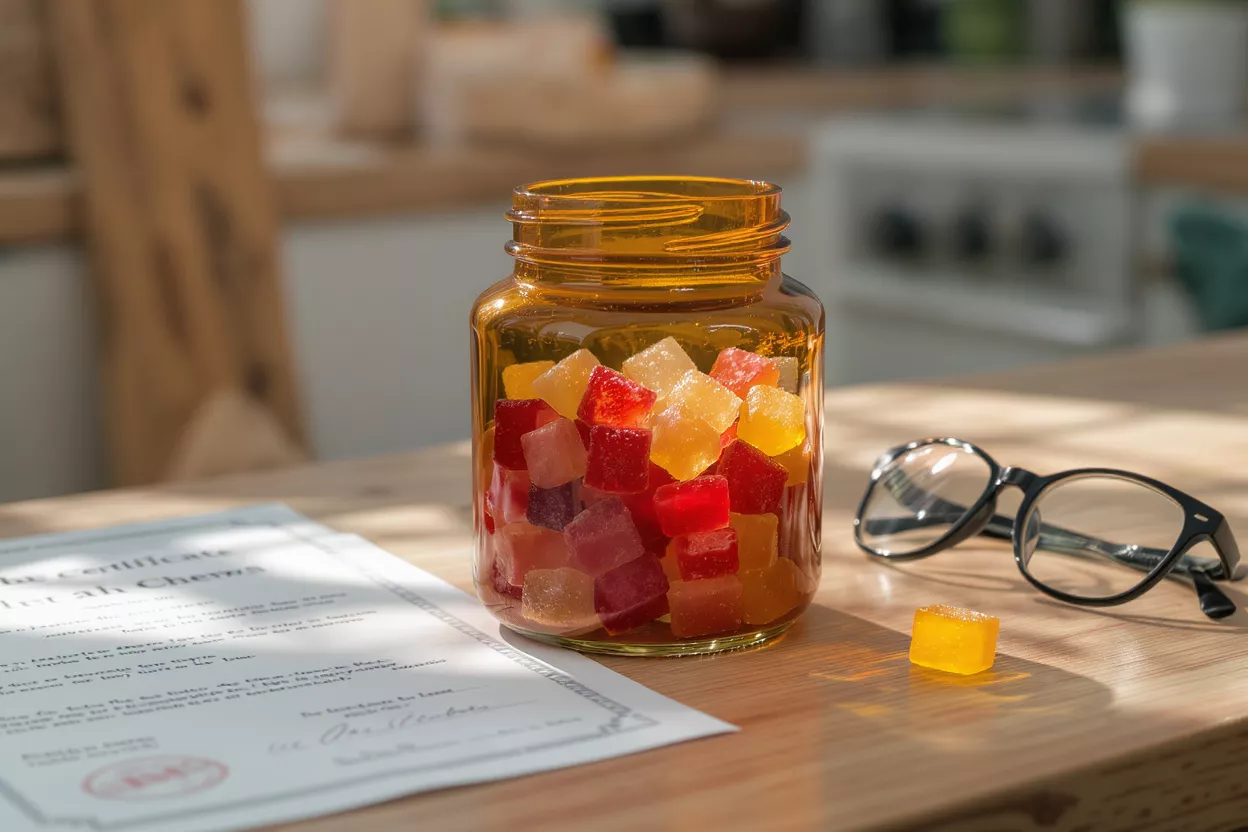 Jar filled with colorful gummy candies on a wooden table