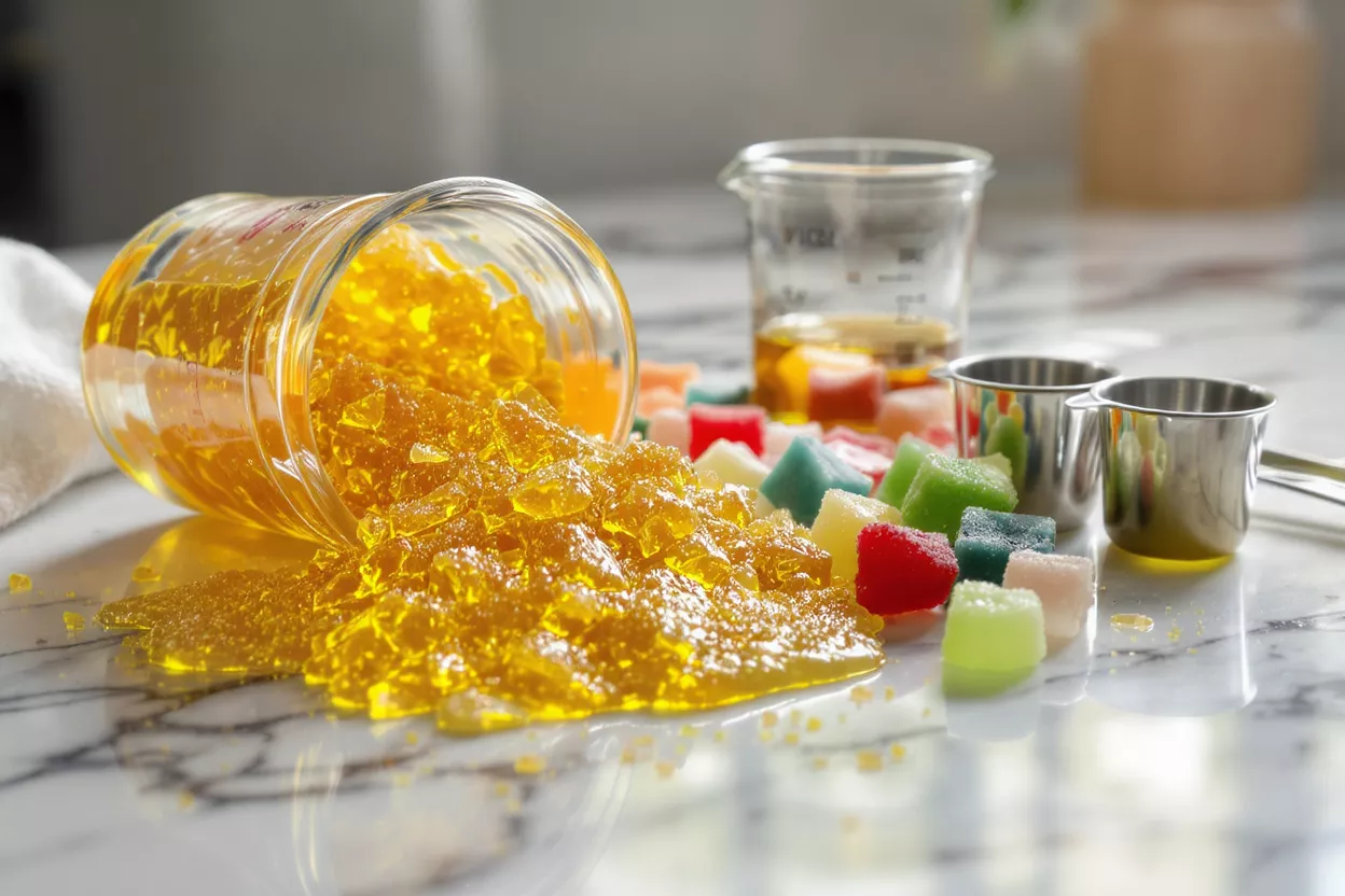 Vibrant gummy candy and gelatin ingredients on a table