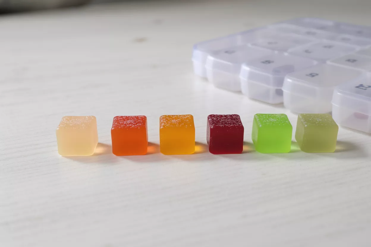 A row of colorful gummy cubes on a white surface