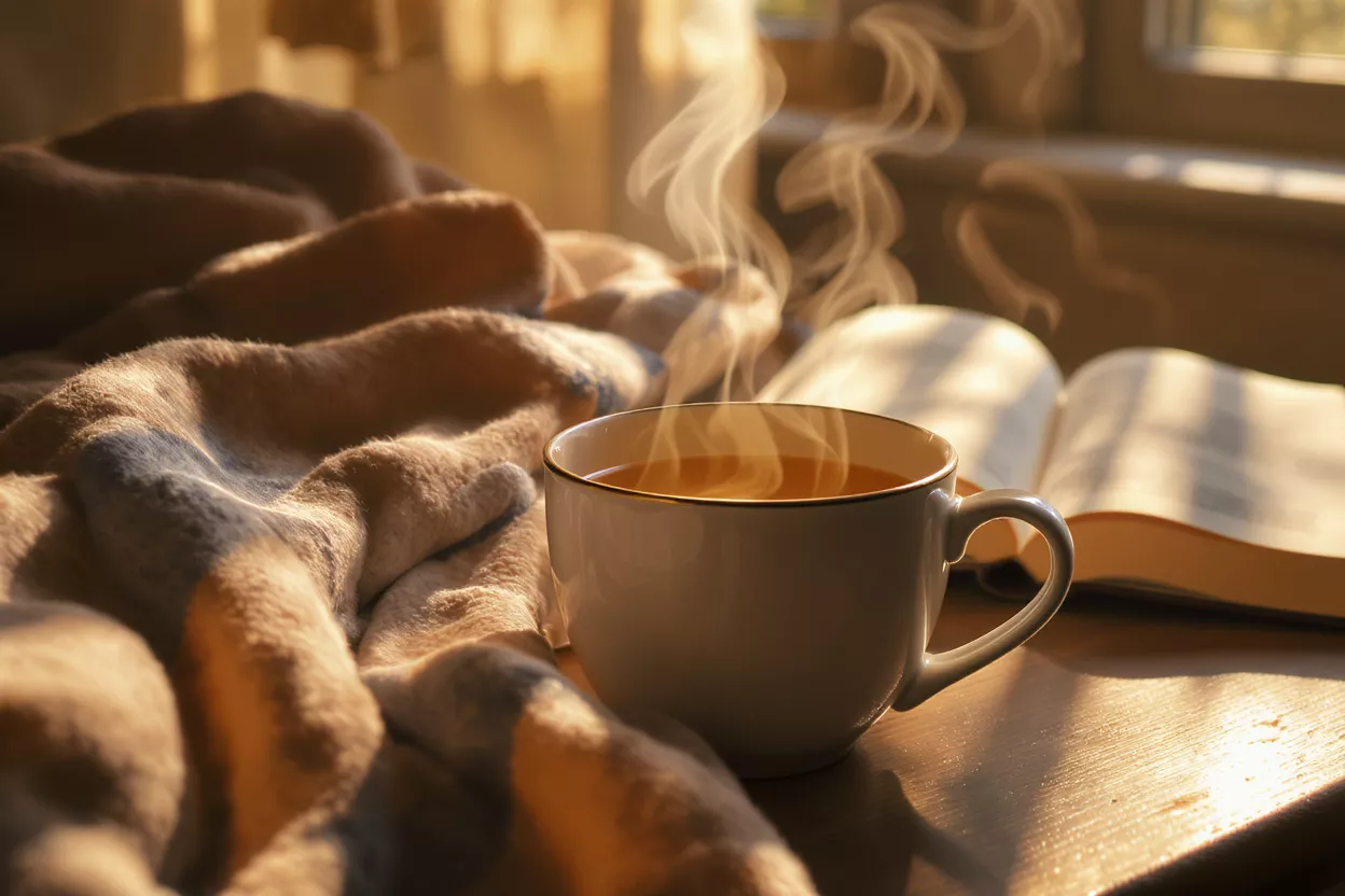 A steaming cup of coffee beside a blanket and book