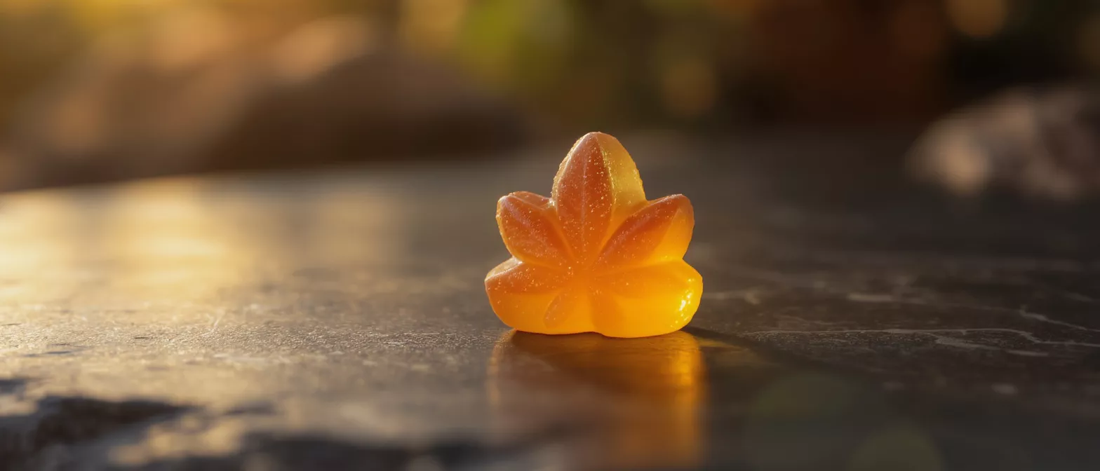 A vibrant orange gummy candy shaped like a leaf